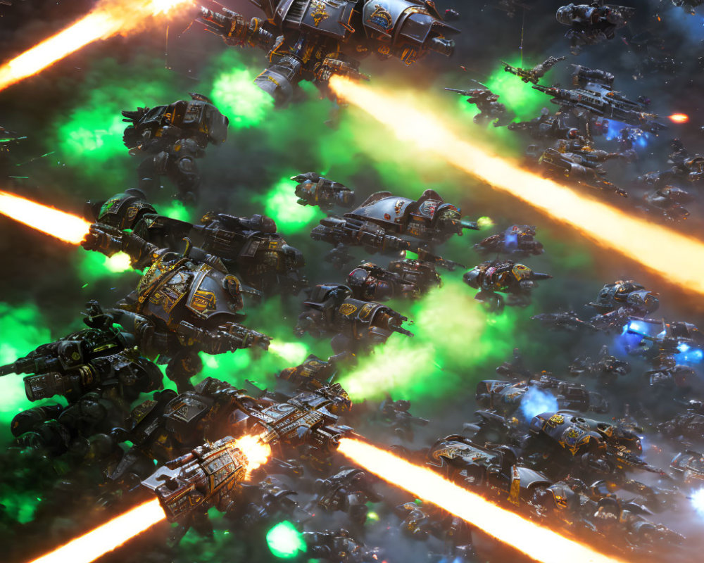 Sci-fi battle scene in space with mech-suits, lasers, and explosions