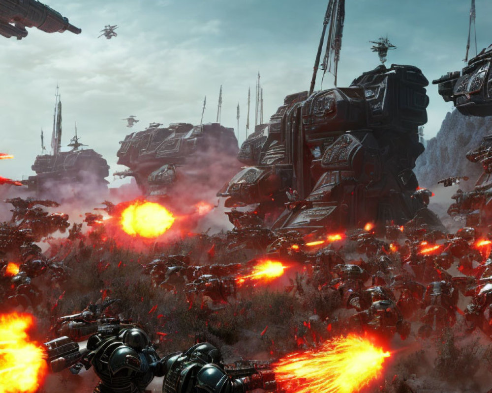 Sci-fi battlefield with towering mechs, power-armored soldiers, explosions, and airborne ships in dus