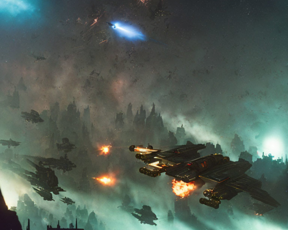 Sci-fi scene: Space fighters above futuristic cityscape & cosmic sky