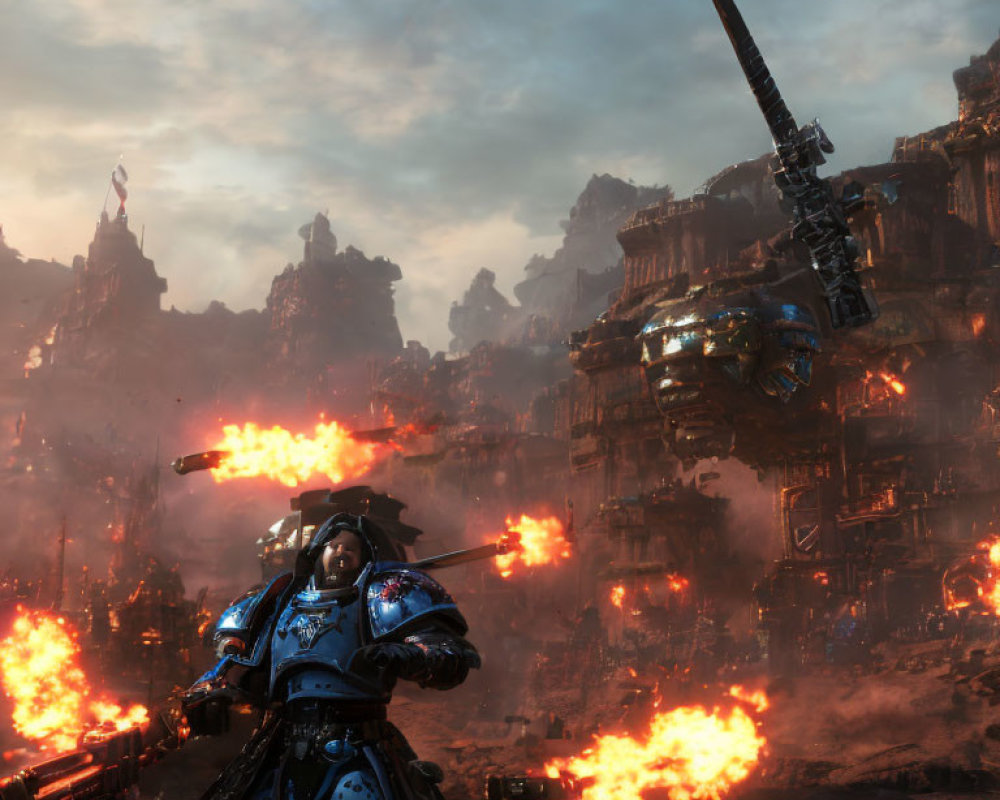 Armored soldier with lance in fiery futuristic battlefield.