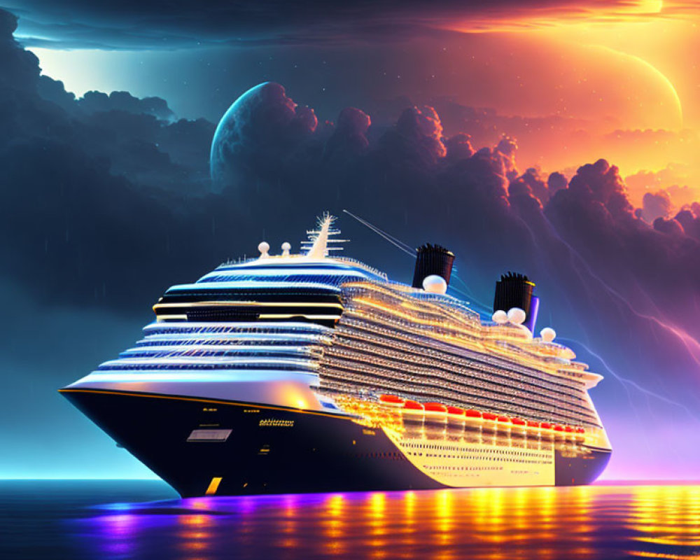 Luminous cruise ship on vibrant ocean under sci-fi sky with large moon and swirling clouds reflecting orange