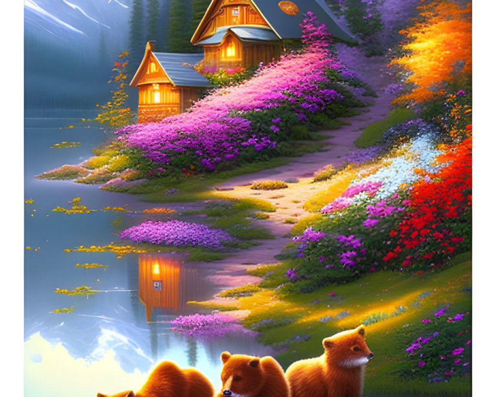 Digital painting of three brown bears by lake with floral landscape, cabin, mountains.