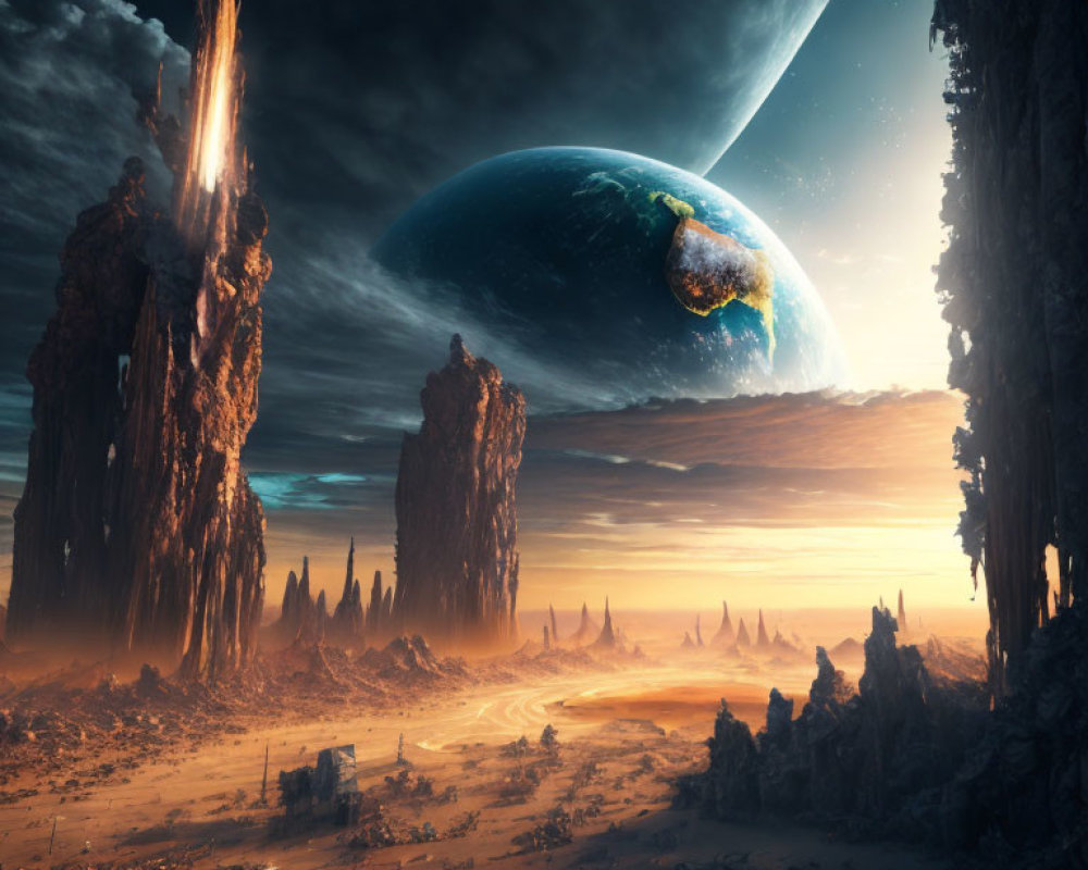 Surreal desert landscape with towering rock formations and giant planet in the sky