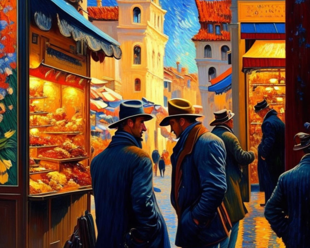 Colorful painting of two men in hats chatting on busy street corner near golden-lit bakery, with