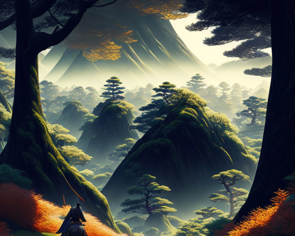 Samurai in serene forest with mountain view