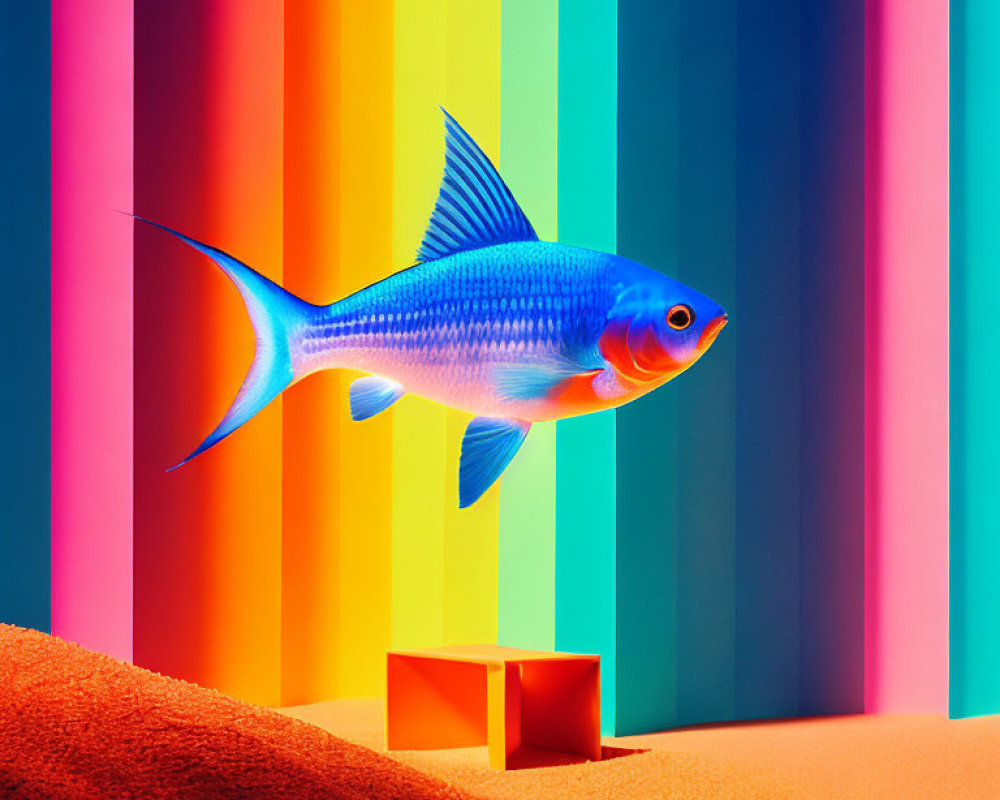 Blue fish swimming in mid-air over colorful background with geometric cube on orange surface