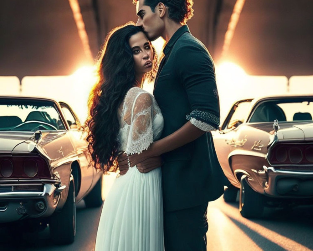 Romantic couple embraces on road with classic cars and sunset