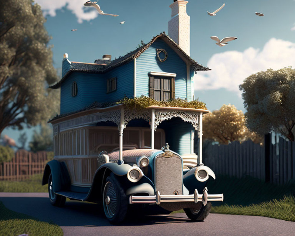 Whimsical two-story blue house on vintage car driving down street