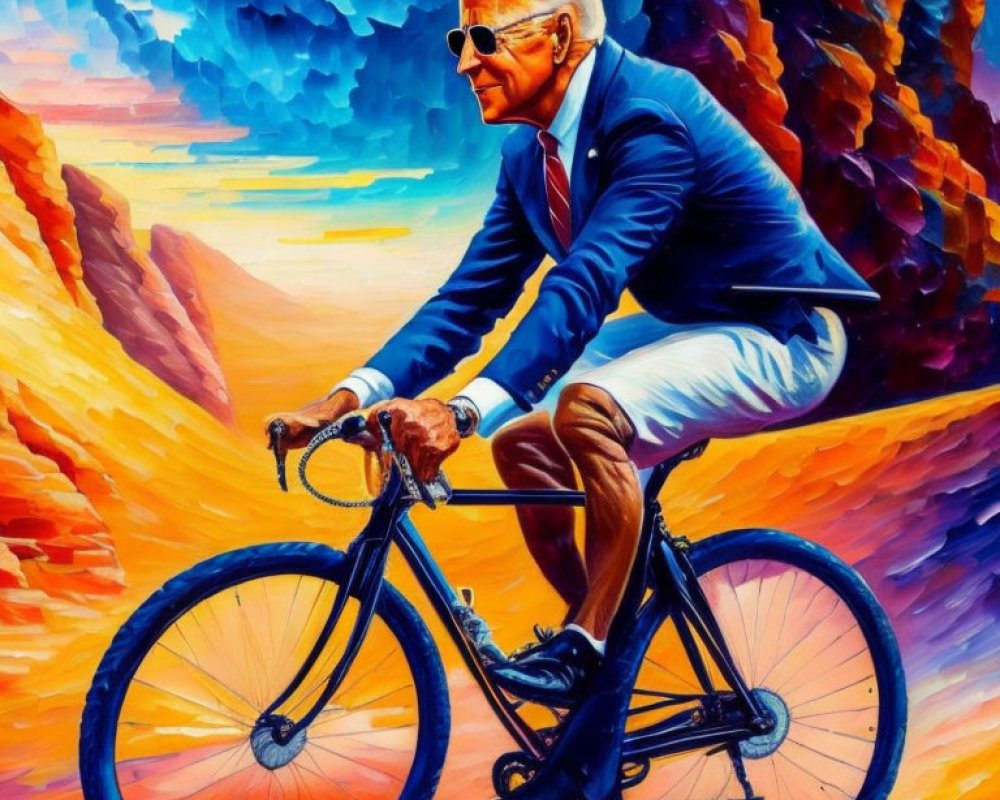 Stylized painting of person in sunglasses on bicycle with colorful, abstract canyon background