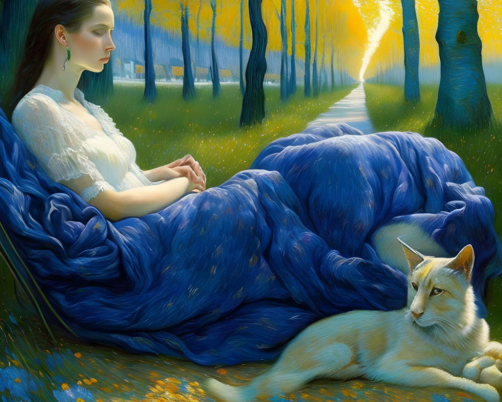 Woman in Blue Dress Sitting with Fox in Forest Pathway