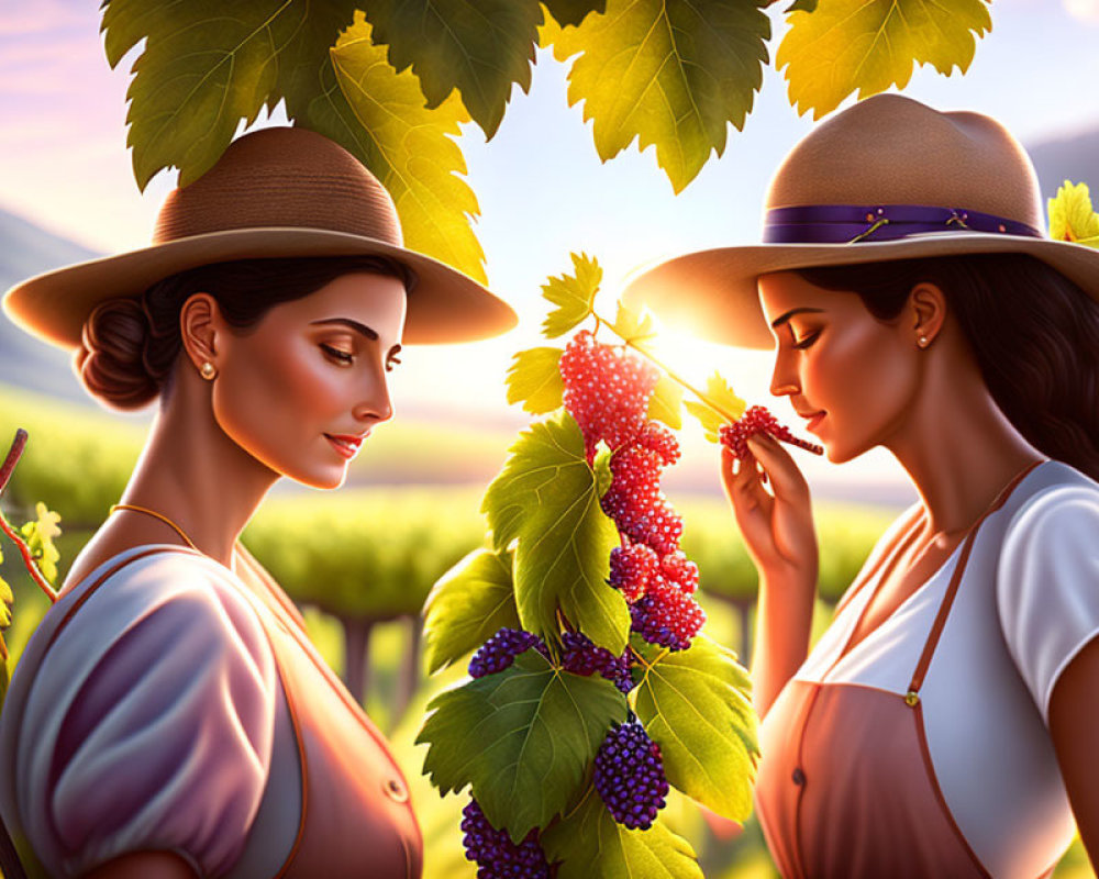 Two women in hats enjoying grapes in a sunny vineyard