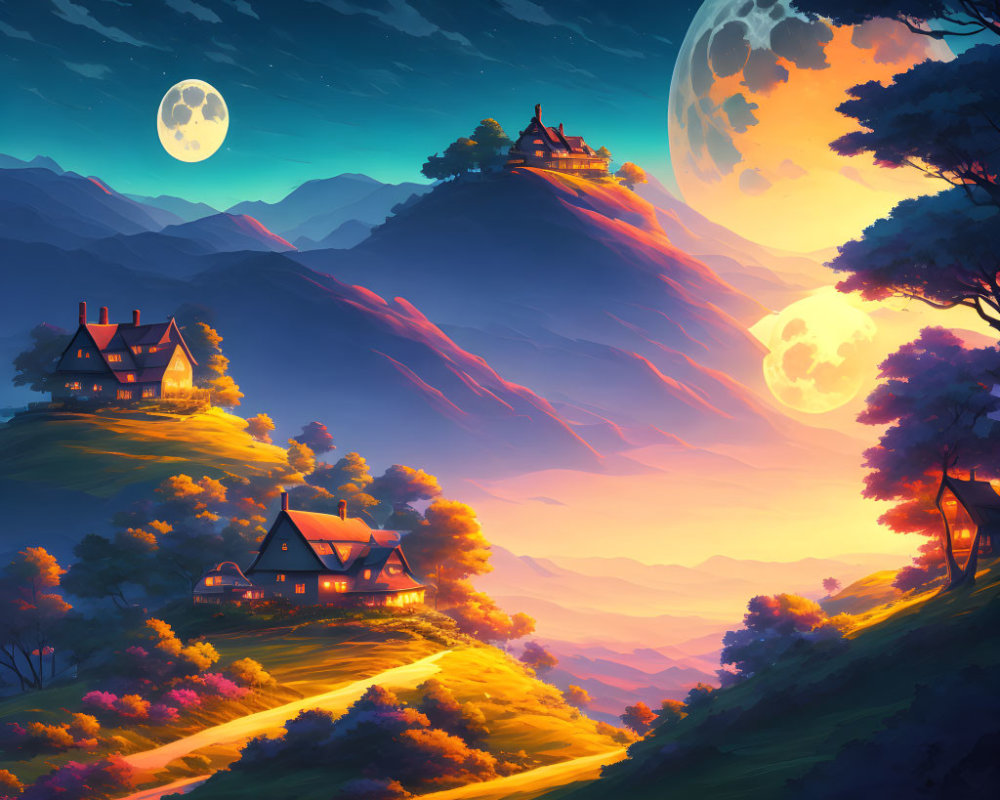 Fantasy landscape with two moons, illuminated houses, winding road, colorful sky