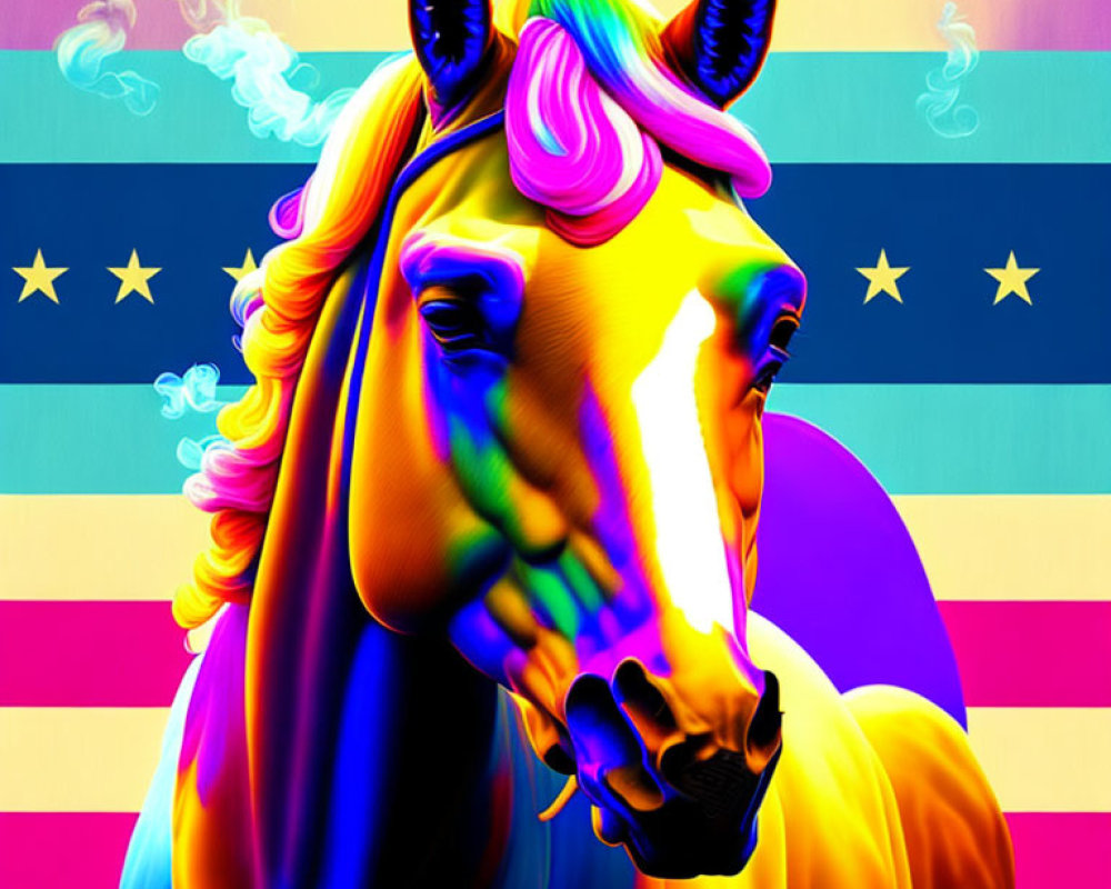 Vibrant unicorn with rainbow mane on starry background