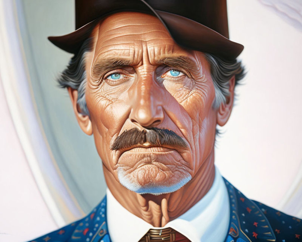 Hyperrealistic painting of man with mustache and soul patch in brown suit and hat.