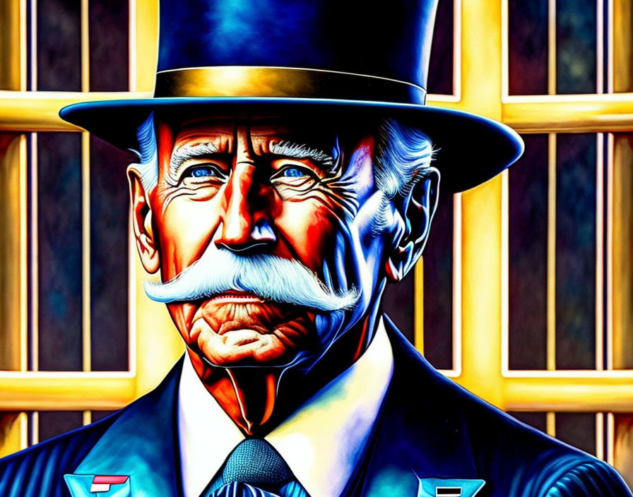 Man with Top Hat, Mustache, and Bow Tie in Stained Glass Setting