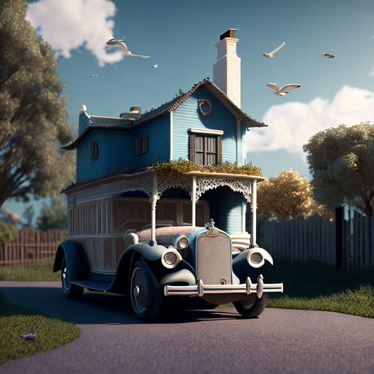 Whimsical two-story blue house on vintage car driving down street