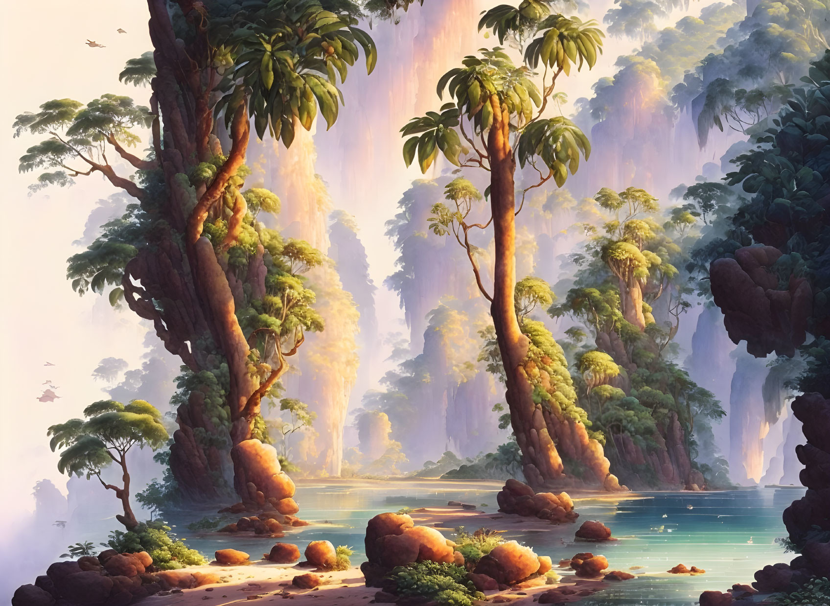 Serene jungle scene with towering trees, tranquil river, and soft sunlight.