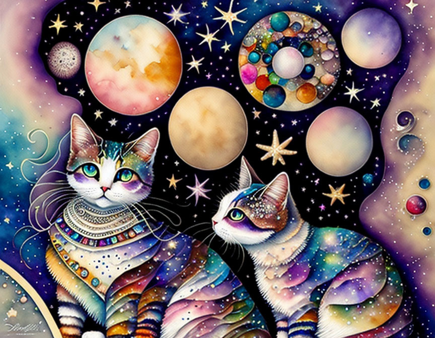 Cosmic patterned cats in vibrant celestial art