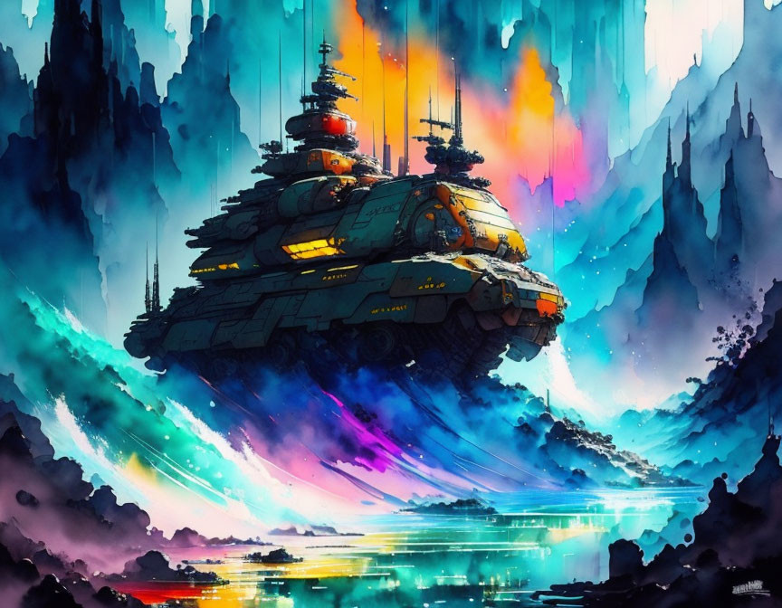 Colorful futuristic battleship over alien landscape with radiant sky