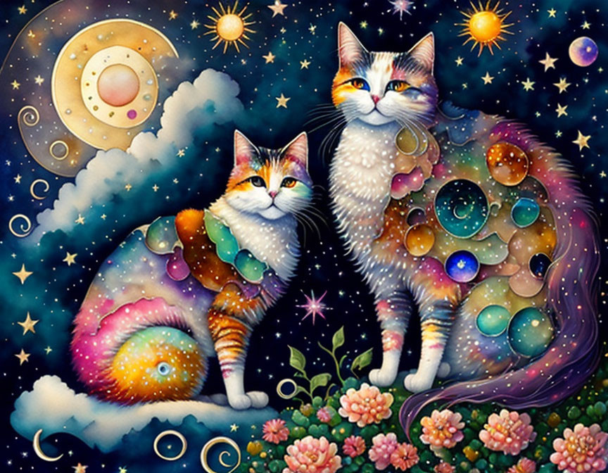 Colorful Celestial Cats Surrounded by Stars and Planets