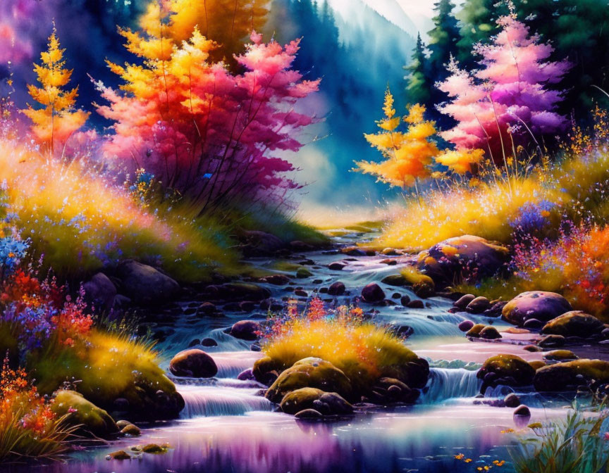 Colorful Autumn Forest Scene with Babbling Brook and Wildflowers