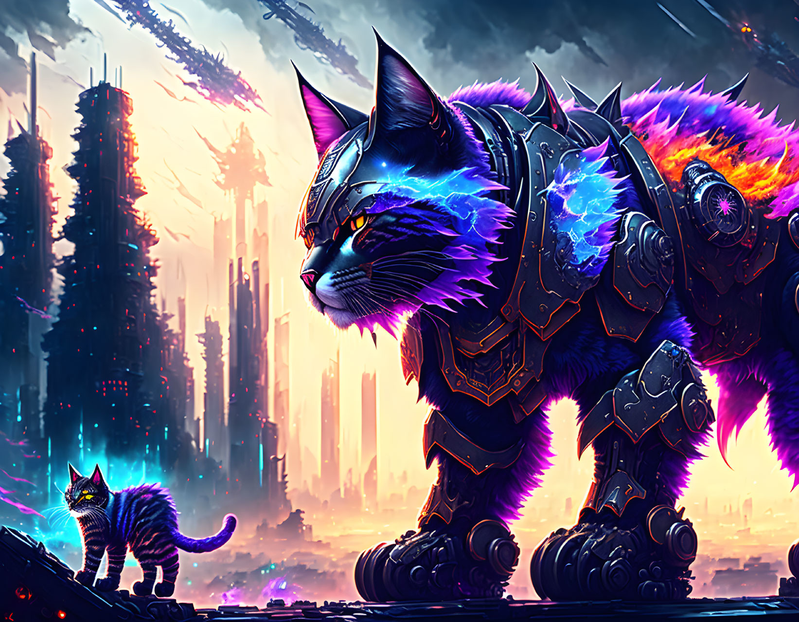 Futuristic armored cat with glowing blue eyes next to normal-sized cat in dystopian cityscape