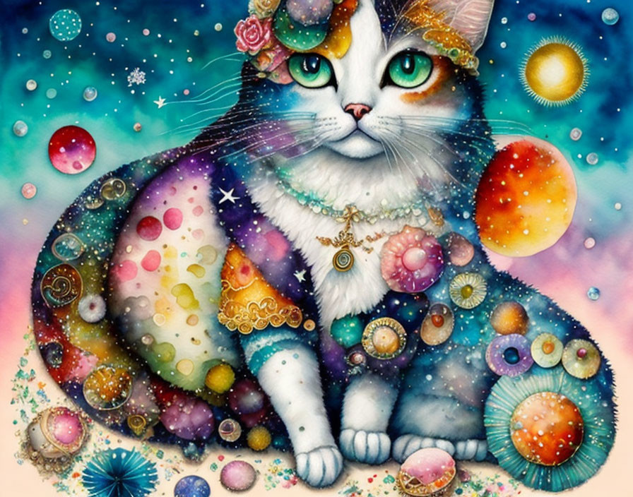 Cosmic cat illustration with celestial theme