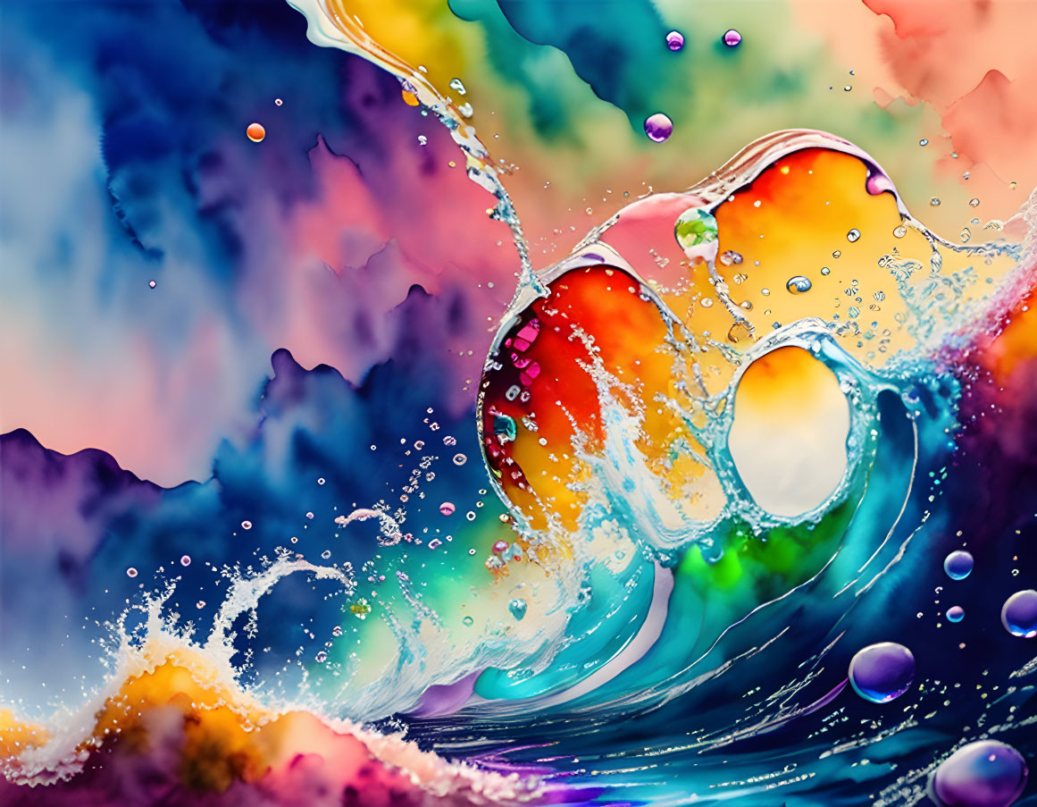 Colorful Digital Artwork: Dynamic Water Scene with Orbs on Abstract Background