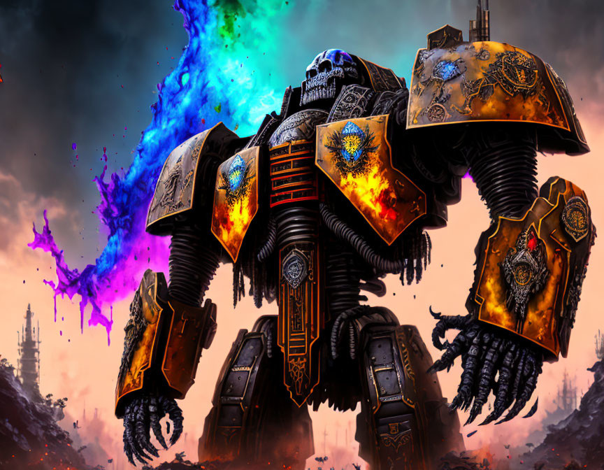 Giant armored robot on battlefield with cosmic explosion in sky