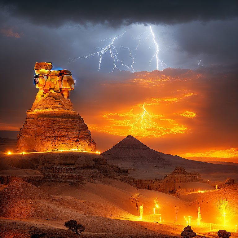 Rock formation resembling Sphinx in desert under stormy sky with lightning and glowing orange path to distant pyramid.