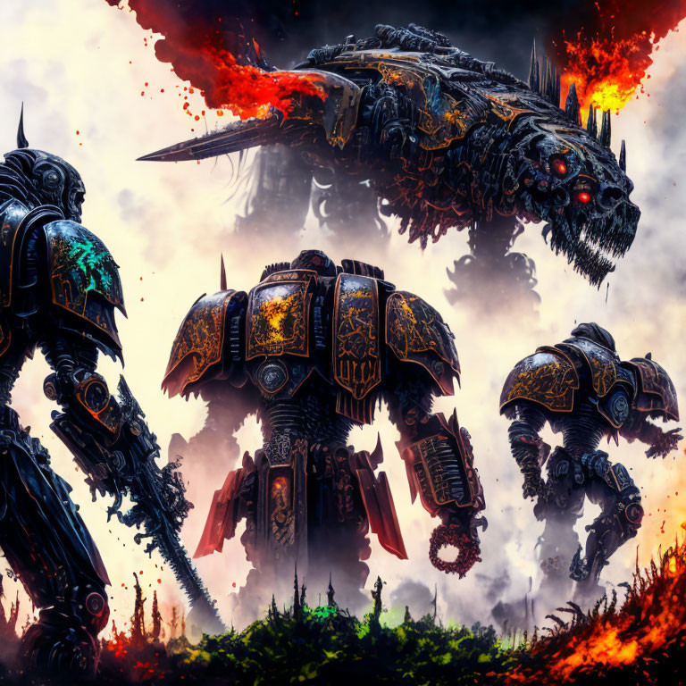 Three battle-worn mechs in fiery apocalyptic landscape