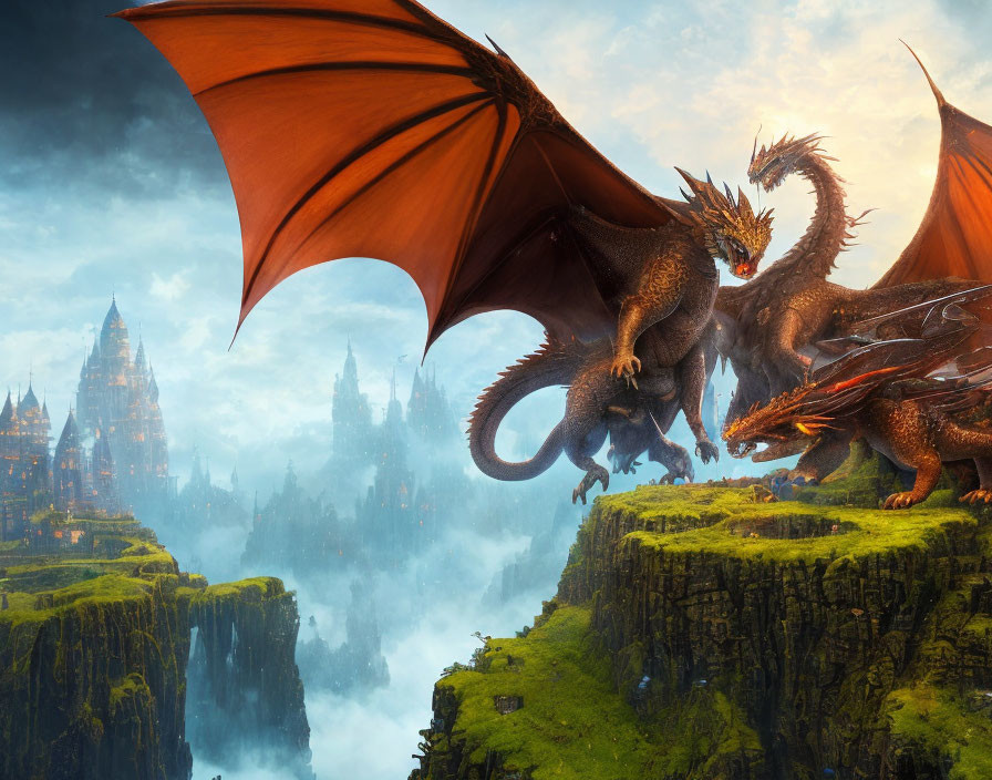 Majestic dragon on craggy cliff with misty landscapes