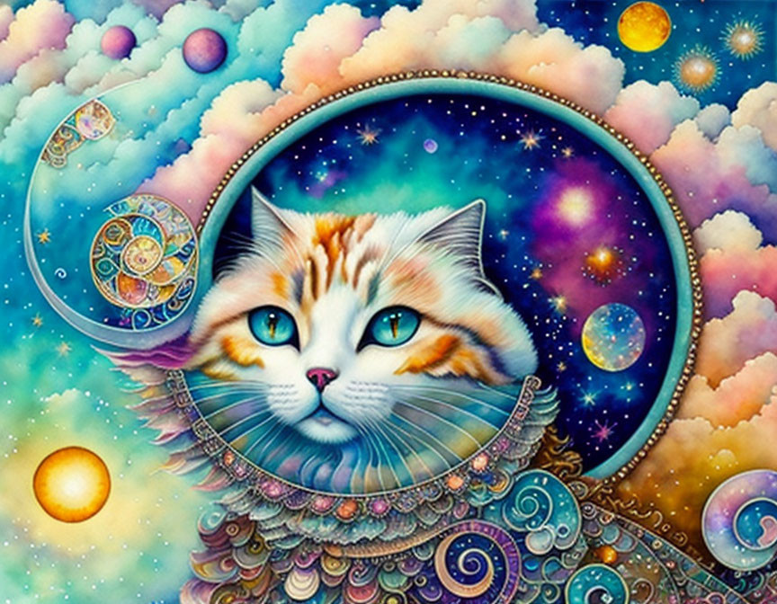 Colorful Cat Illustration with Blue Eyes and Cosmic Background