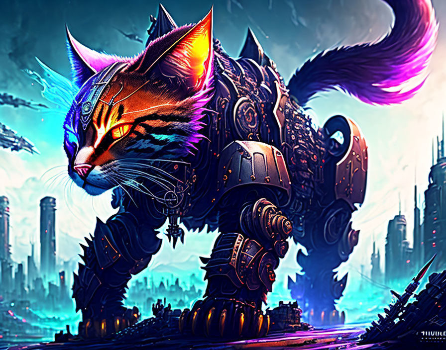 Colorful Cyberpunk Robotic Cat in Futuristic Cityscape