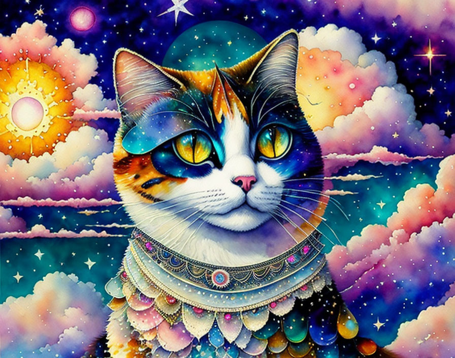 Vibrant artwork of majestic cat with cosmic fur against starry sky