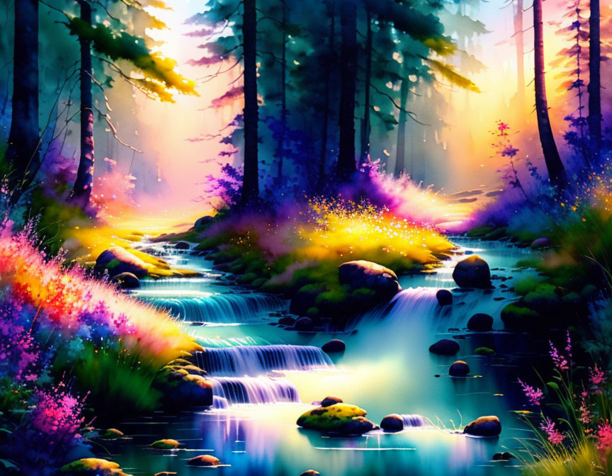 Serene forest scene with cascading stream and colorful flora