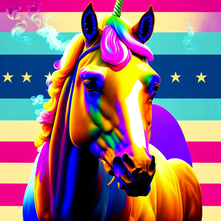 Vibrant unicorn with rainbow mane on starry background