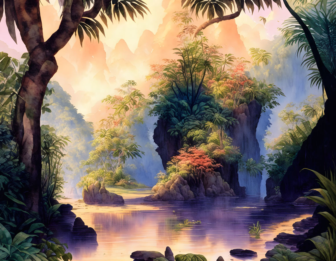 Tranquil river in lush jungle under warm sunrise