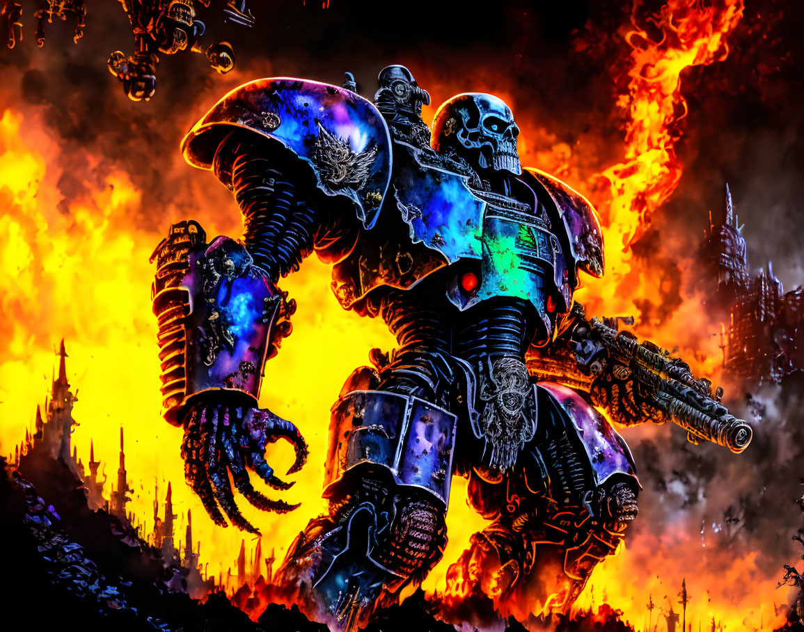 Futuristic warrior in blue and silver armor with large gun in fiery backdrop