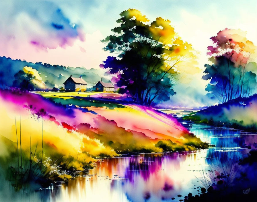 Serene lake, colorful fields, rolling hills, quaint houses in watercolor landscape