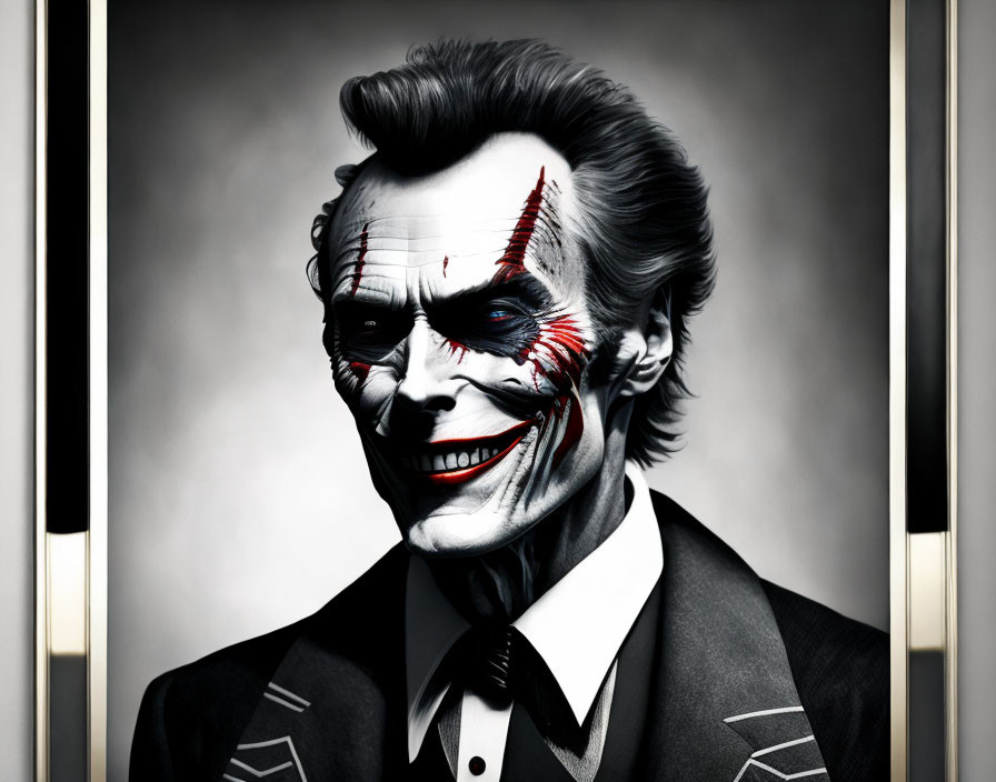 Menacing Joker in makeup and suit against grey background