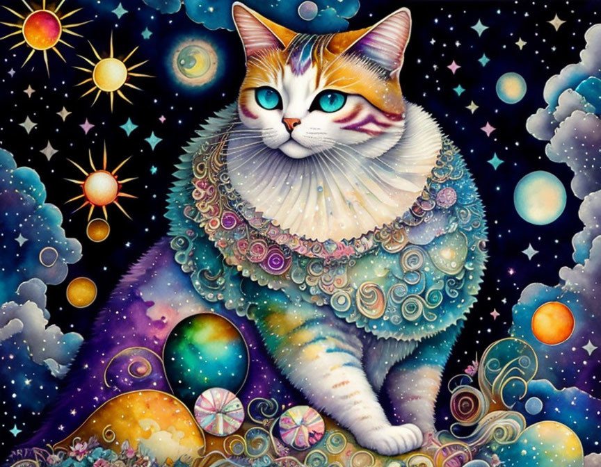 Colorful whimsical cat painting with galactic and floral patterns on starry space background