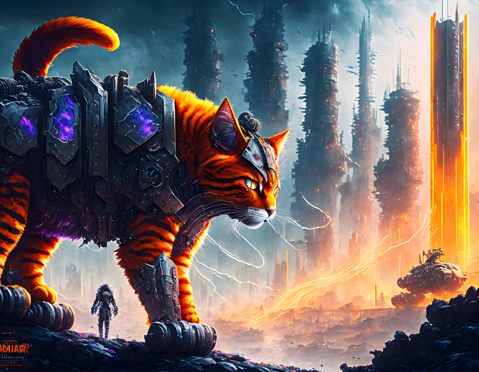 Mechanized tiger in futuristic cityscape with glowing lights and figure