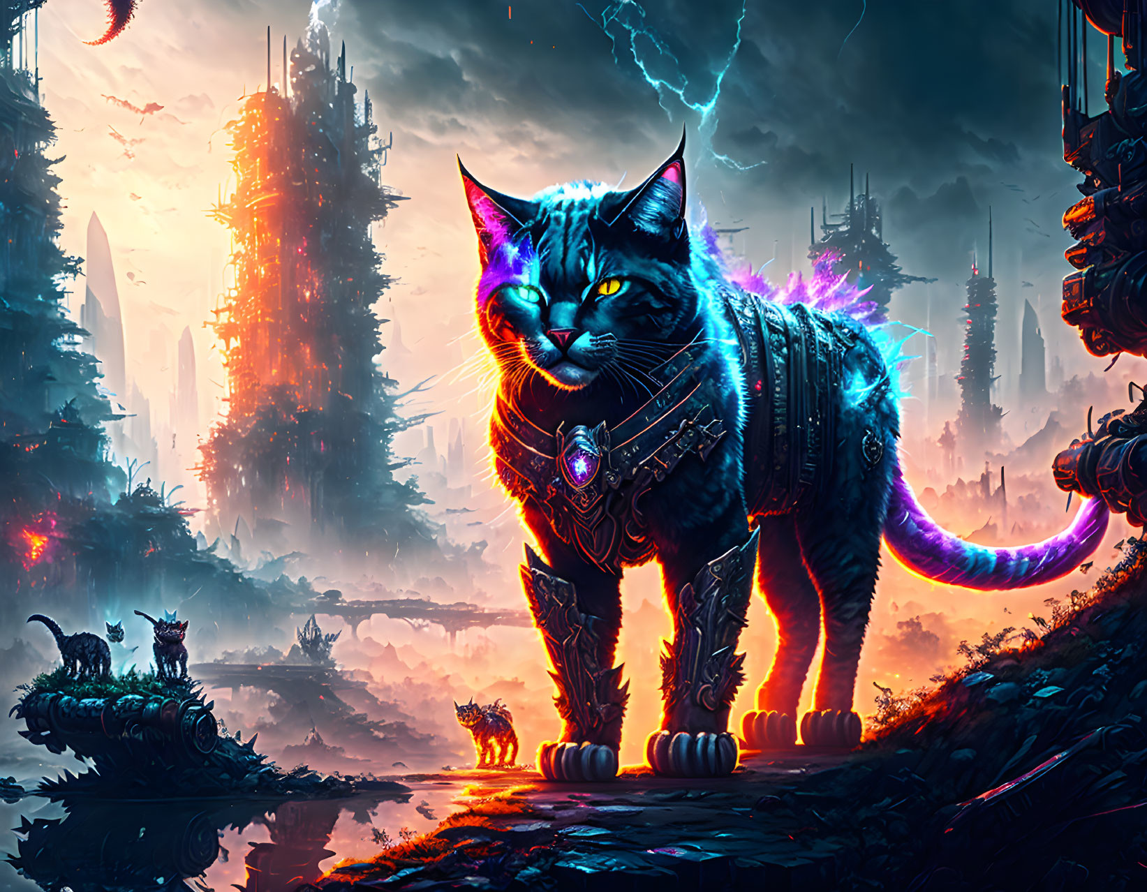 Digital artwork: Armored cat with glowing pendant in futuristic cityscape