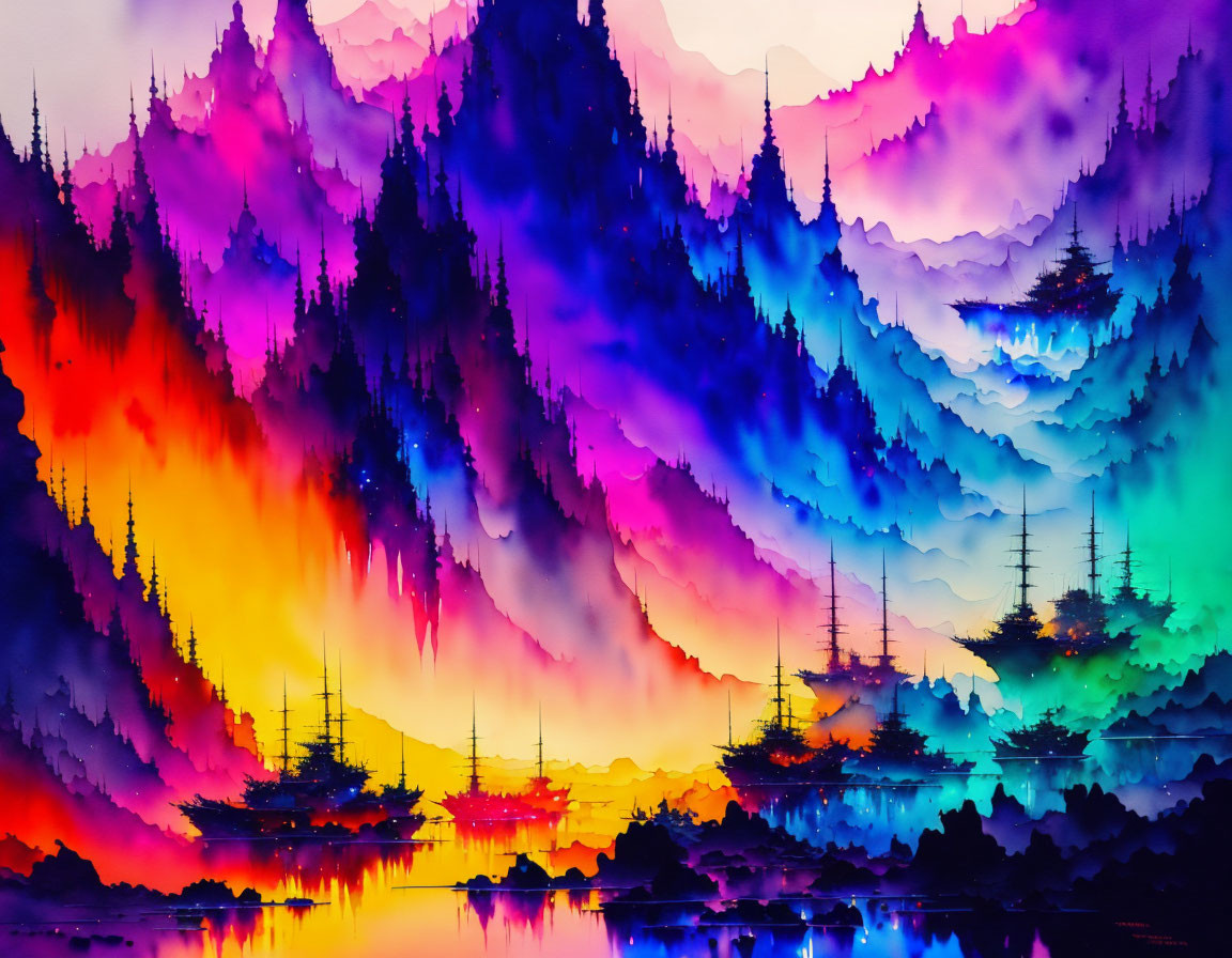 Fantasy landscape with colorful pine trees, ships, and mountains