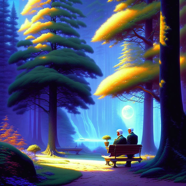 Night scene: Two people on bench in glowing forest with moon and waterfall