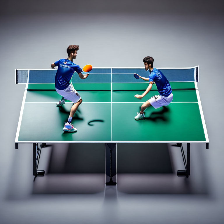 Two people playing table tennis in blue shirts on gray background