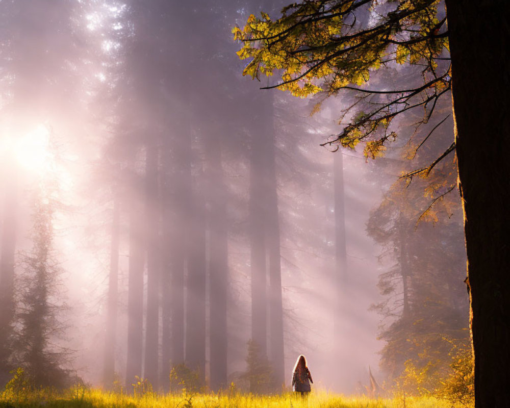 Sunlit Forest Clearing with Tall Trees and Mist