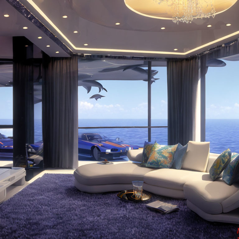 Luxurious Modern Interior with Ocean View and Dolphins