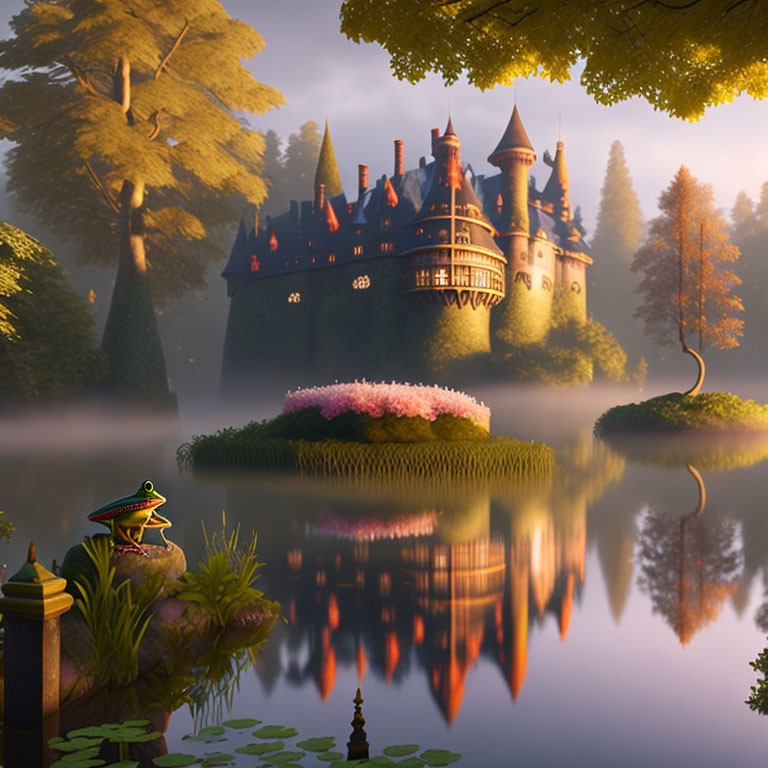 Majestic fairytale castle by tranquil lake with lush trees and frog on lily pad